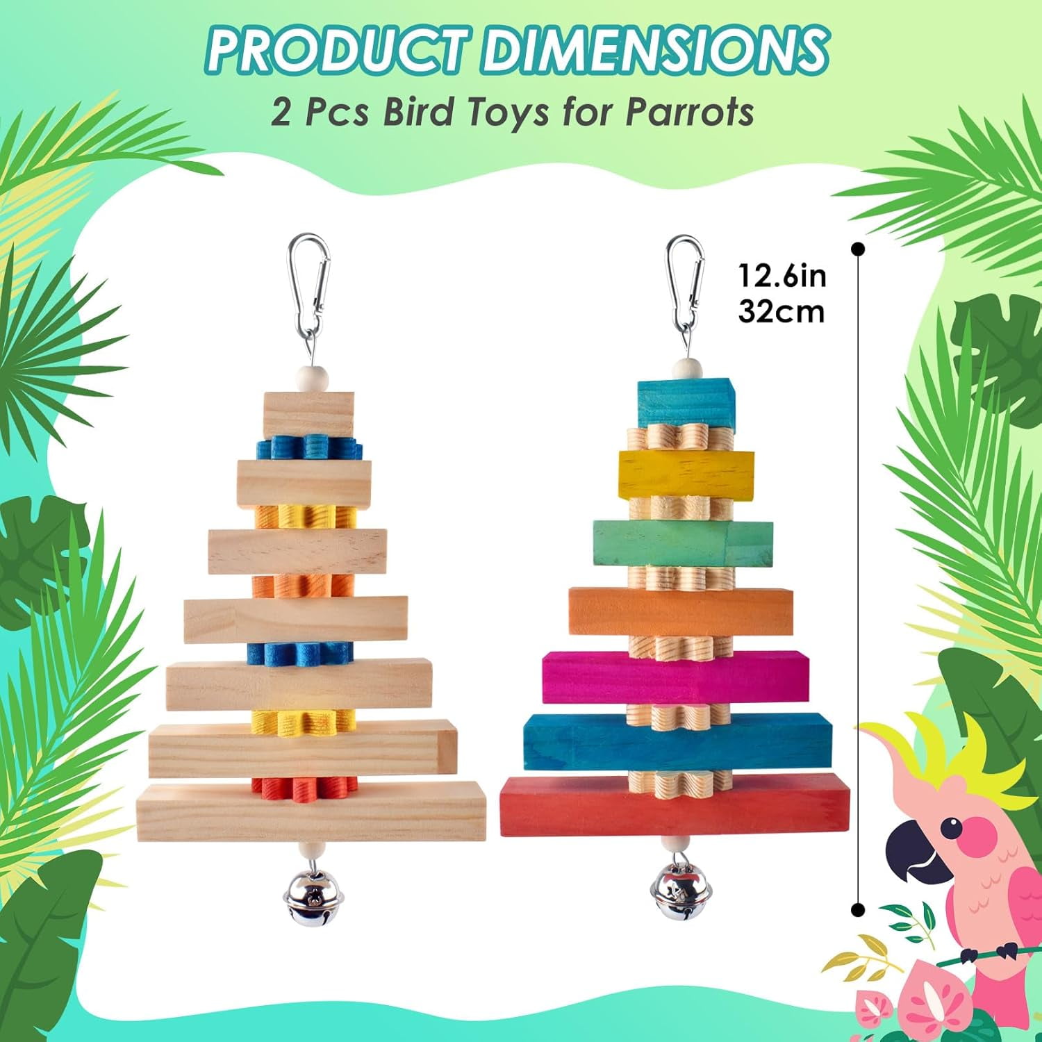 Bird Toys, Colorful Natural Hanging Chew Wood Block with Bell for Parrots