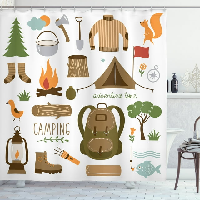 Adventure Shower Curtain, Camping Equipment Sleeping Bag Boots Campfire