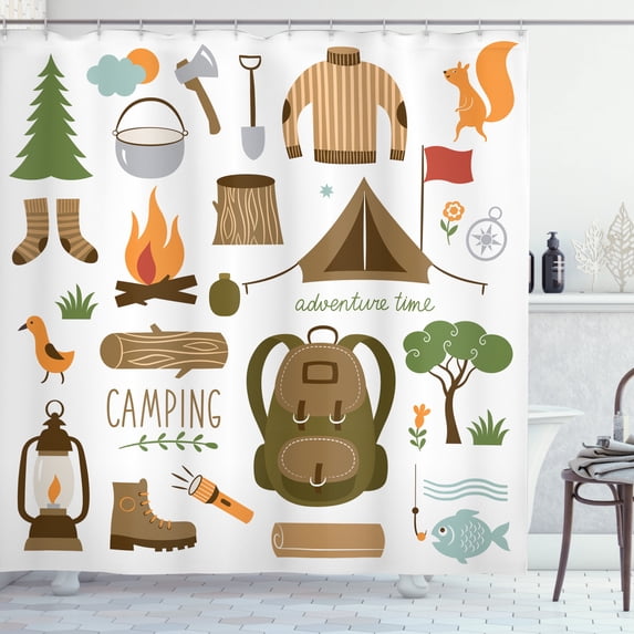Ambesonne Adventure Shower Curtain, Camping Equipment, 69"Wx84"L, Multicolor