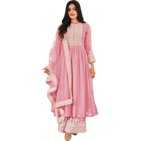 Pakistani Roka Nikah Wear Designer Plazzo Outfits Indian Sewn Salwar Kameez Suits ( Light Pink, XXS - 34 )