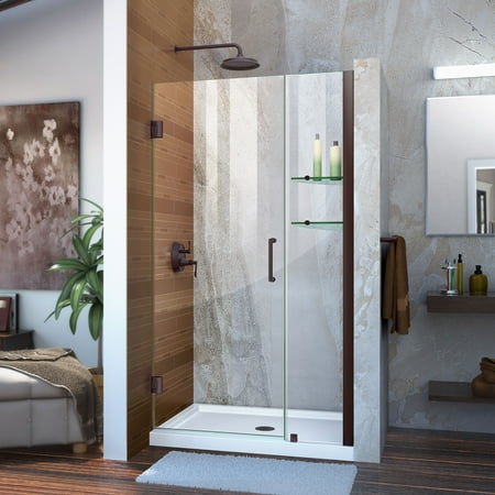 Bronze Frameless Shower Door - DreamLine Unidoor 39-40 in. W x 72 in. H Frameless Hinged Shower Door with Shelves in Oil Rubbed Bronze