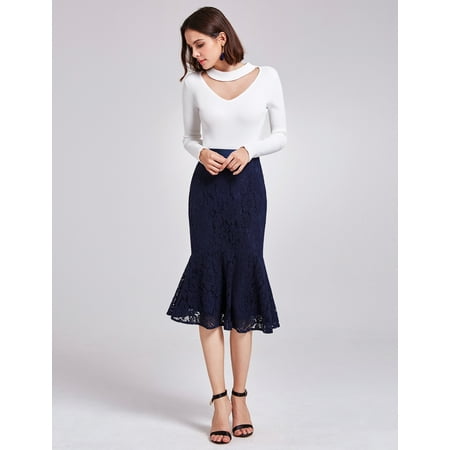 - Alisa Pan Women's Elegant Mermaid Bodycon Career Suiting Lace Midi Pencil Skirt for Women 01141 Navy Blue