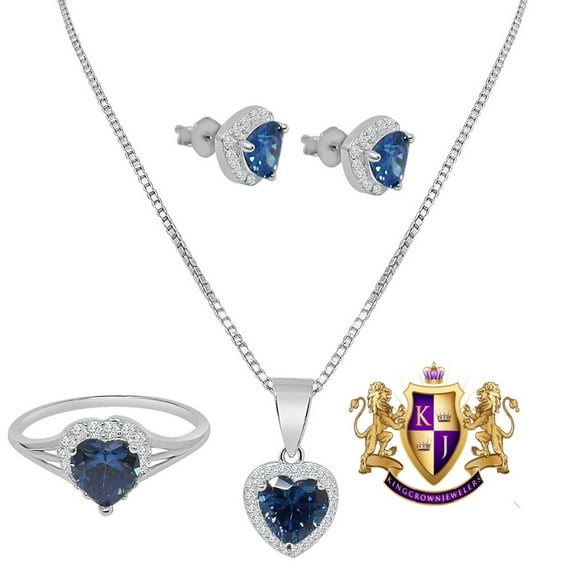 Ladies 10K White Gold Over Real Sterling Silver Sapphire Blue Love Heart Pendent Charm Chain Neckless Earrings Ring 3 Piece Combo Set