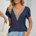 thumbnail image 2 of JWZUY Womens Crochet Lace V Neck Tops Solid Tunic Petal Sleeve Tees Shirts Blouse Short Sleeve Chiffon Elegant Tshirt Summer 2023 Navy M, 2 of 8