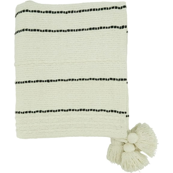 Fennco Styles Stripe Cotton Throw Blanket with Chunky Tassel 50" W x 60" L - Ivory Woven Blanket for Couch, Bedroom, Living Room and Office Décor