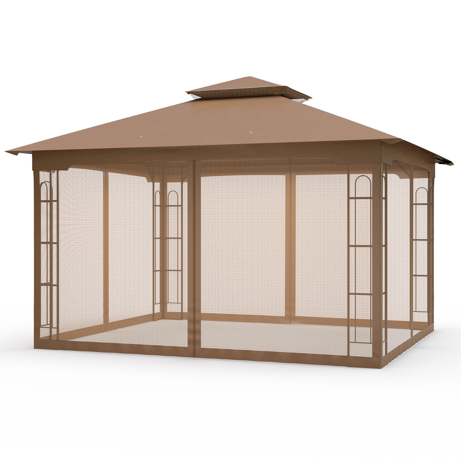 COOS BAY 13x11 Patio Outdoor Gazebo with Mosquito Netting, Two-Tier Canopy Tent with Screen Wall for Backyard, Lawn and Garden, Brown