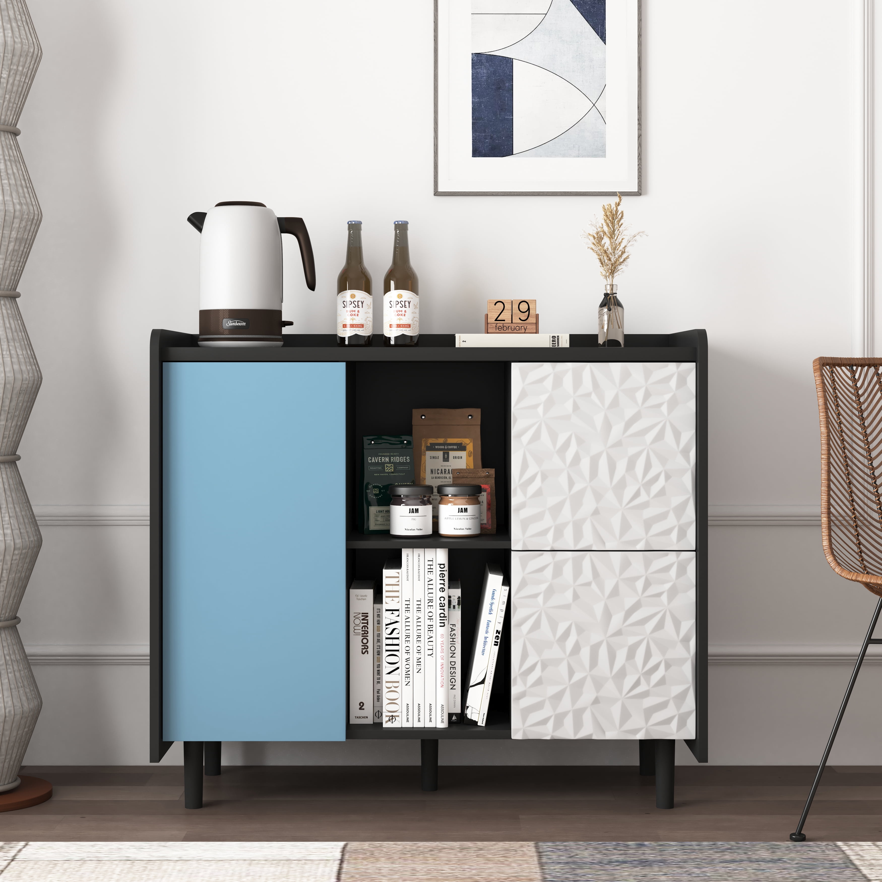 MAYEERTY Black Sideboard Buffet Cabinet with Red Doors, Drawers & Open Storage for Kitchen & Dining Room