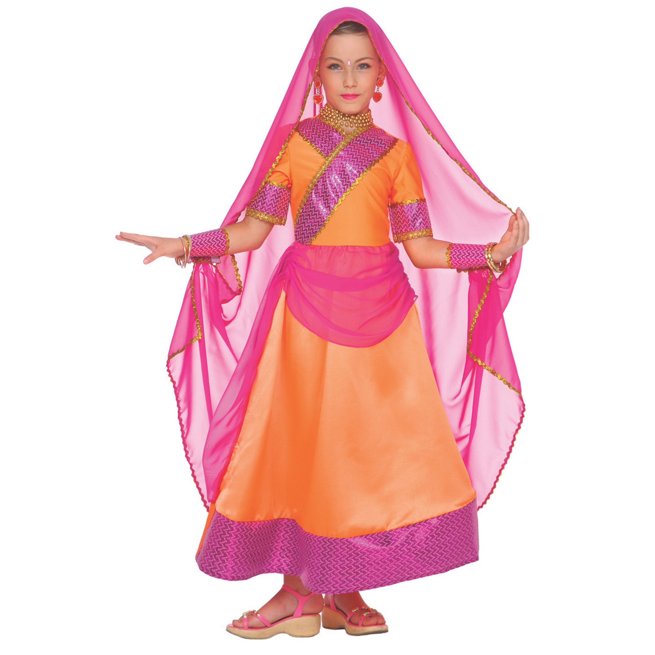 Morph Girls Bollywood Sari Costume with Veil Kids Indian Belly Dancer Fancy Dress Halloween Orange S - image 2 of 3