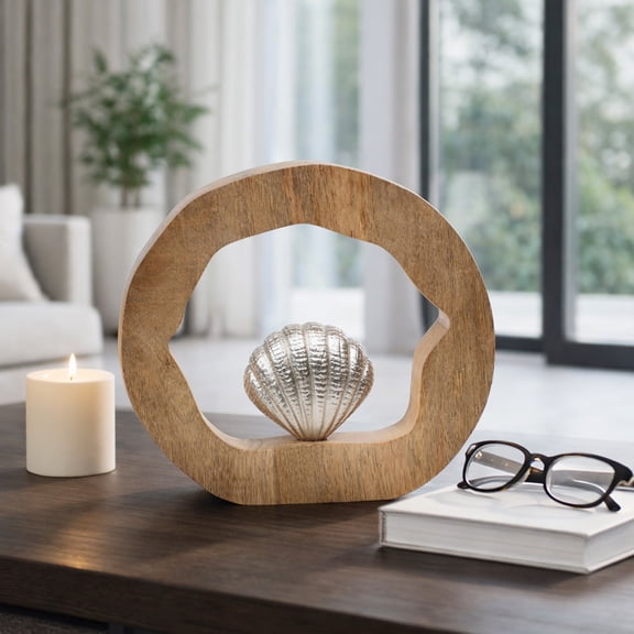 Mango Wood Ring with Metal Seashell for Home Decor - Coastal Sculpture for Living Room, Book Shelf, and Entryway Table - 10", Brown & Silver