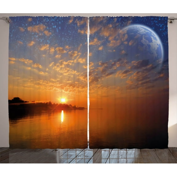 Ambesonne Space Curtains 2 Panel Set, Skyline with Planet Sun, 108" x 84", Orange Blue