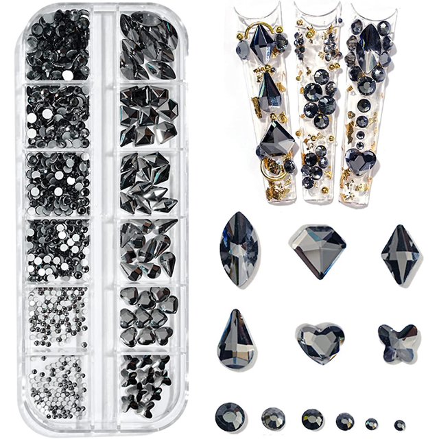 660 piezas de diamantes de imitación 3d brillantes negros transparentes para arte de uñas, bricolaje, manualidades, parte trasera plana brillante, juego de piedras de cristal, joyas, decoración d