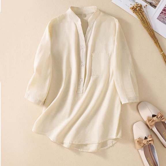 Njoeus Blouses for Women Dressy, Women's V-Neck Plain T-Shirt Open Tube Button Casual Vintage 3/4 Sleeve Shirts Pullover Tops Blouse