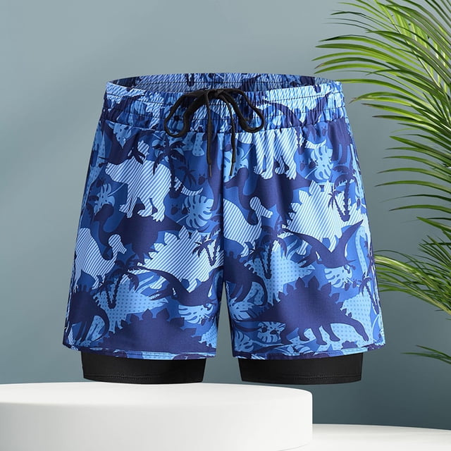 Traje De Baño Bañador para hombre de doble capa de cintura de secado rápido con cordones y pantalones cortos de baño divididos (M)