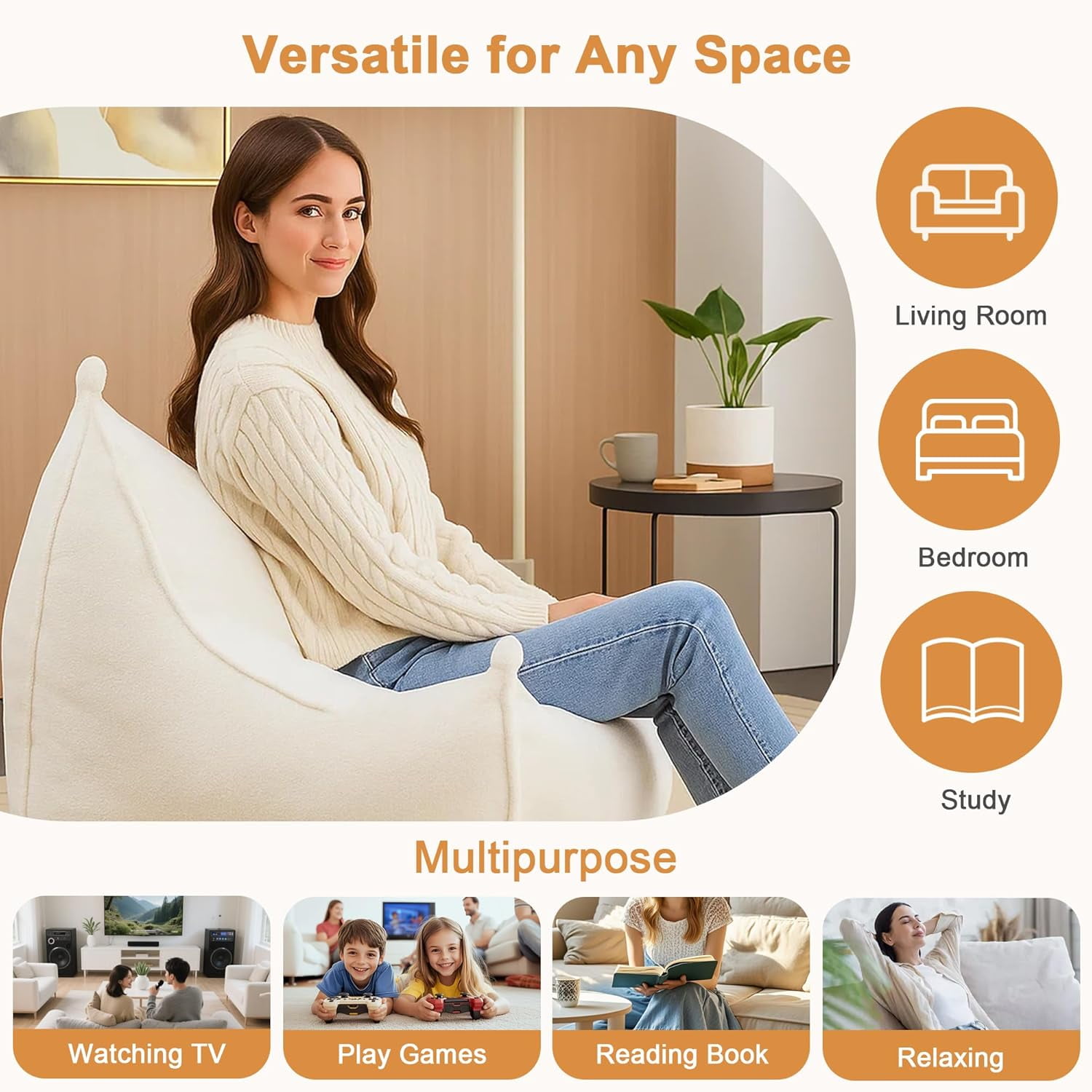 Giant Oversized Bean Bag Chair for Adults and Kids with Filler, Beige Boneless Sofa in a Box for Living Room or Bedroom