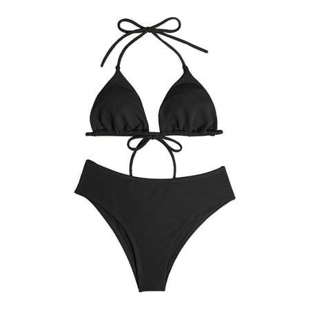 Celivon Plus Size Swimsuit Women Bathing Suit Sexy Solid Color Bikini Bathing Suit Pool Party Vacation Black