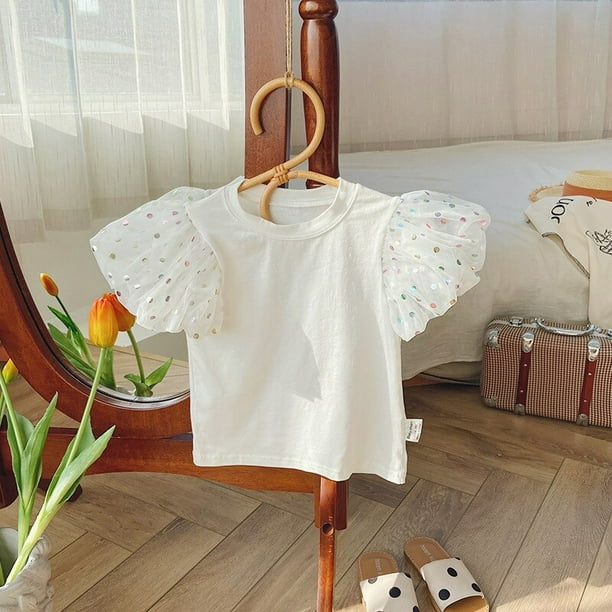 Ropa para niñas pequeñas de 0 a 6 años, camiseta de algodón de verano, camiseta infantil de manga corta, camisetas con lazo de dibujos animados bonitos, camiseta para niños de 130cm Gao Jinjia LED