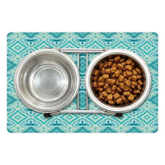 Teal Pet Mat for Food and Water, Abstract Geometric Pattern in Vintage Floral Design Historic Architectural Ornament, Non-Slip Rubber Mat for Dogs and Cats, 18" X 12", by Ambesonne