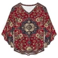 thumbnail image 4 of Red Floral Persian Rug Women's V-Neck Blouse With 3/4 Ruffled Bell Sleeves Casual Top Ladies Blouses, 4 of 7