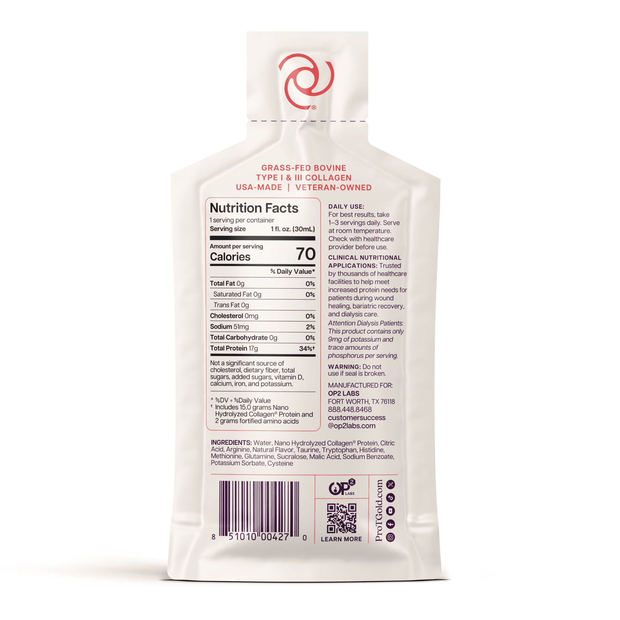 Liquid Collagen Protein Shot, 17g Clear Protein Nano-Hydrolyzed Grass Fed Collagen