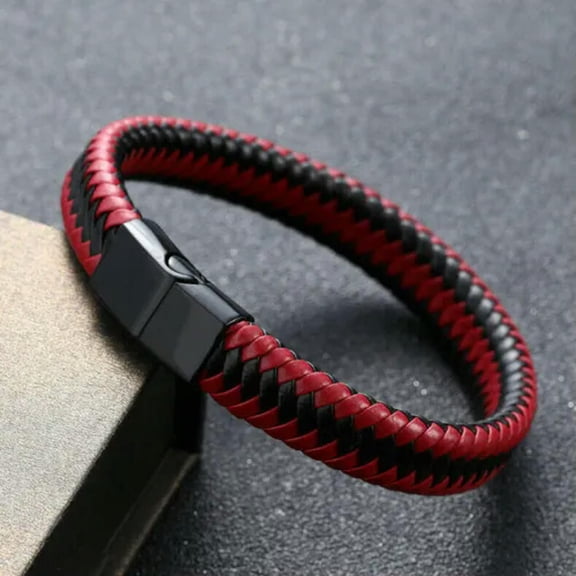 EOEMY Men Women Leather Titanium Steel Magnetic Braided Clasp Bracelet Bangle Jewelry-Red-2