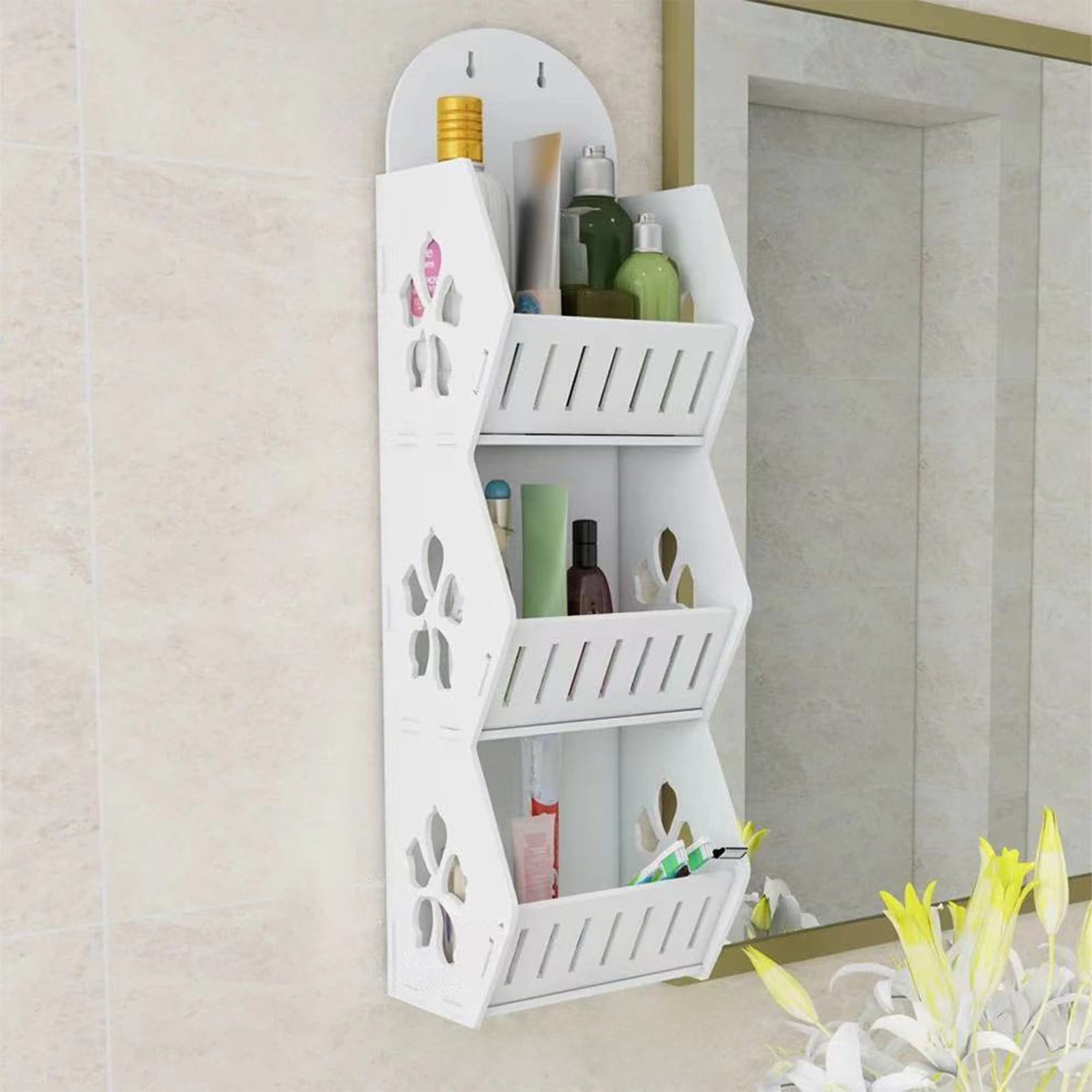 Cadorn 1PCS No Drill Bathroom Shelf,Wall Mounted Organizer with Sakura Design for Living Room Kitchen Bathroom Storage,Space Saving Drill-Free Home Organization Storage Solution
