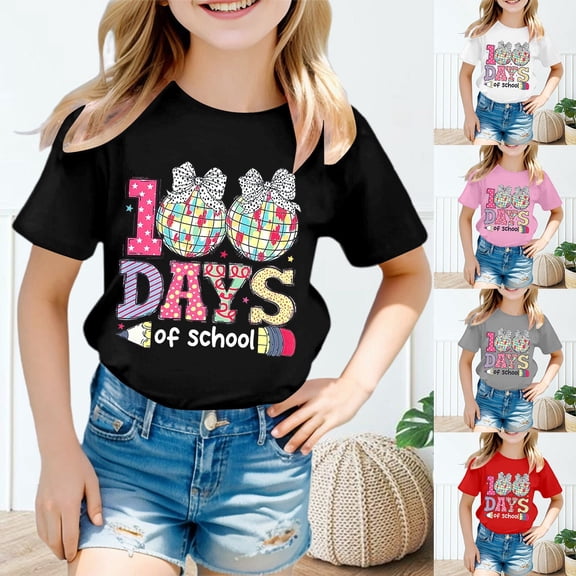Arlun 100 Days of School T-Shirt Girls Boys Short Sleeve Graphic Tee for Back to School Cute Print Round Neck Casual Top Kids Soft Comfortable Daily Wear 90