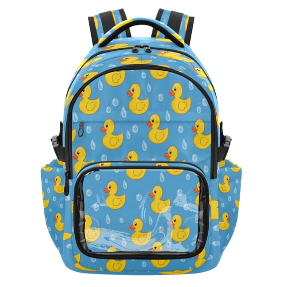Qxltty Spotted Yellow Duck Backpack School Bookbag with Clear PVC Front Pocket, Laptop Compartment, Water Resistant Travel Daypack for Students