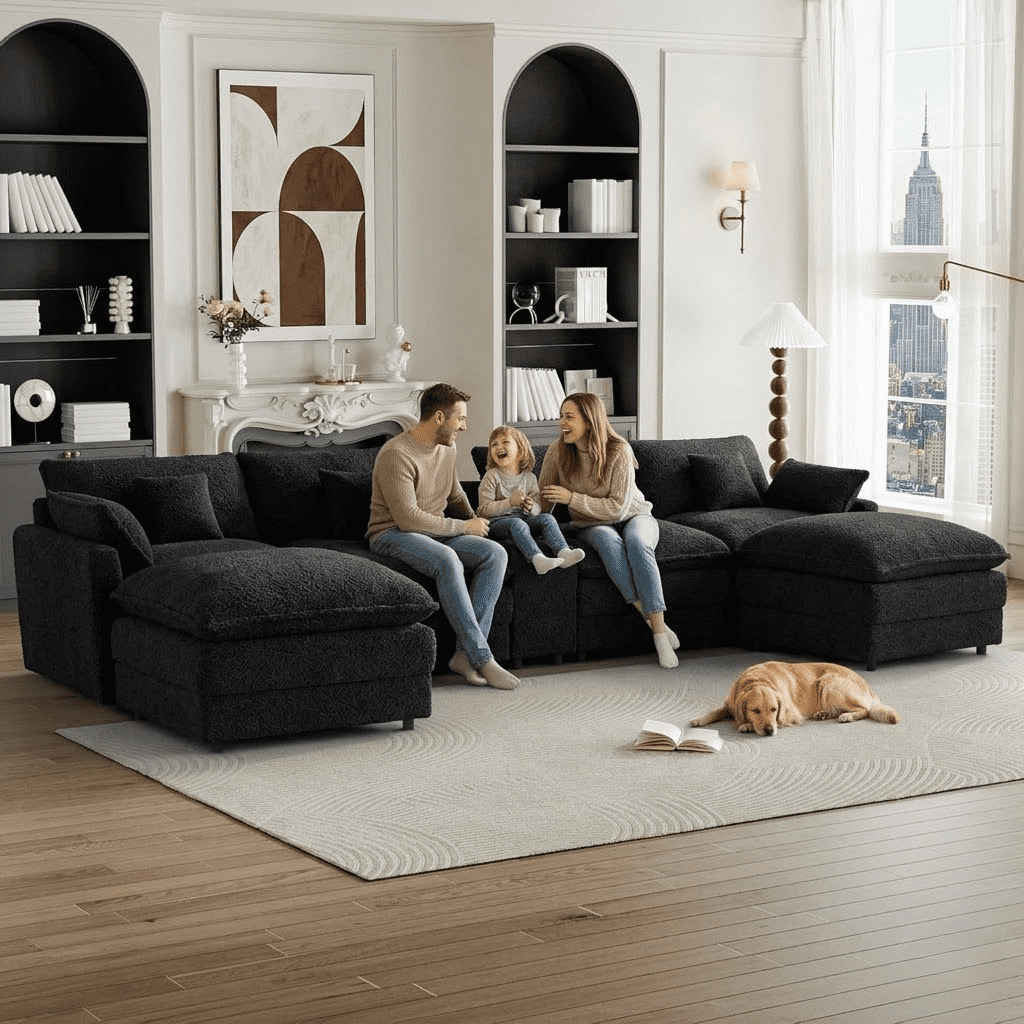 145" U Shaped Cloud Couch Sectional Sofa, Modular Chenille Sectional with Double Chaise, USB Charging, Hidden Storage & Center Console, Deep Seat Comfy Couch for Living Room, Black