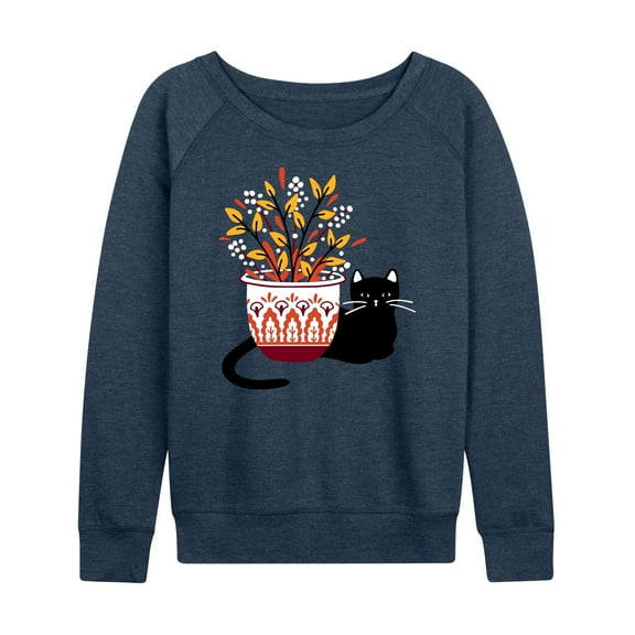 Instant Message - Cat With Fall Vase - Women's Lightweight French Terry Long Sleeve Shirt