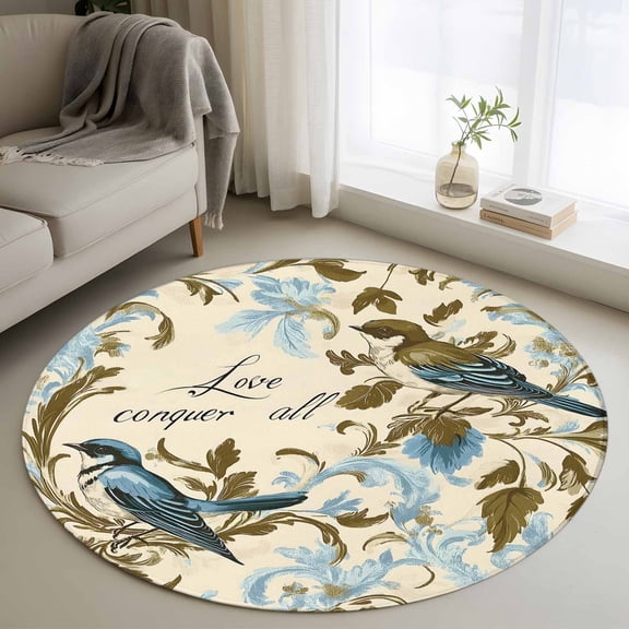 Blue Spring Floral Round Rug 4ft Washable Circle Entryway Rugs Non Slip Vintage Summer Botanical Birds Area Rug Indoor Floor Carpet for Bedroom Kitchen Living Room Home Office Dining Room Nursery