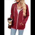 thumbnail image 1 of Sudadera con Capucha Informal con Cremallera para Mujer, Cómoda, Holgada, de Larga, Color Liso, con Bolsillos. Rojo Vino M, 1 of 9