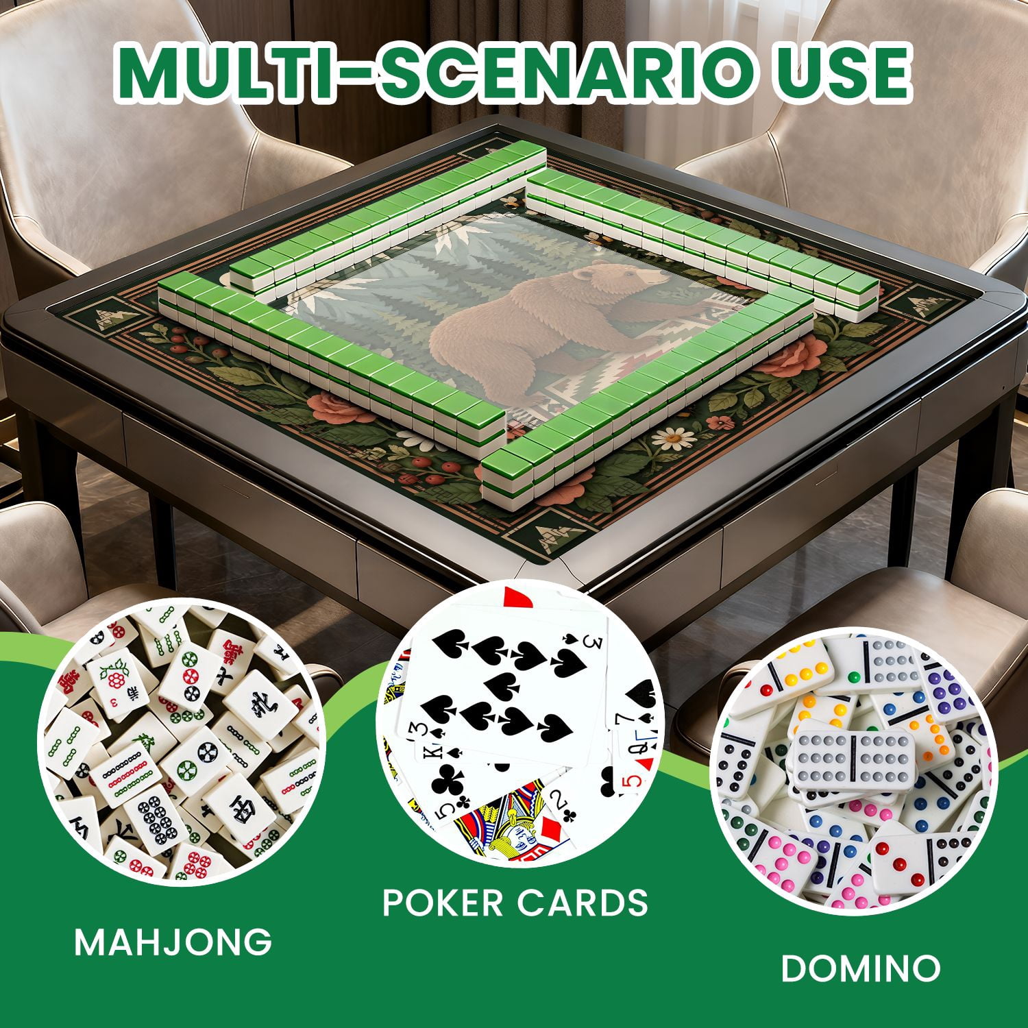 Mahjong Mat 31.5" x 31.5" Bear Forest Mountain Backdrop Floral Frame Non-Slip Noise Reduction American Mahjong Tiles Table Cover for Dominoes Poker Card Board Games Gift
