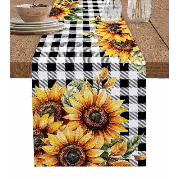 Ldtrchee Spring Sunflower Table Runner 70 Inches, Black White Buffalo Plaid Yellow Floral Bed Runner Dresser Scarves Tabletop for Indoor Outdoor Parties/Ceremony/Banquet, 13" x 70"