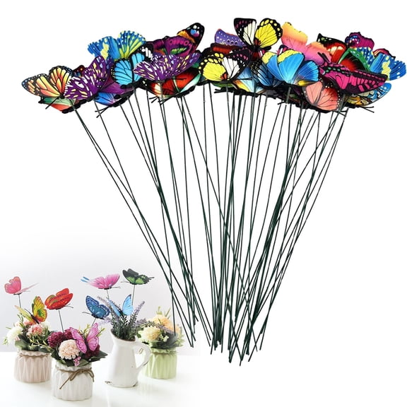 50Pcs Colorful Butterfly Garden Stake Ornaments, Artificial Butterfly Flower Picks, Simulation Butterfly Lawn Decor Sticks, DIY Floral Vase Arrangement Butterfly Inserts, Fake Butterfly Stem Picks