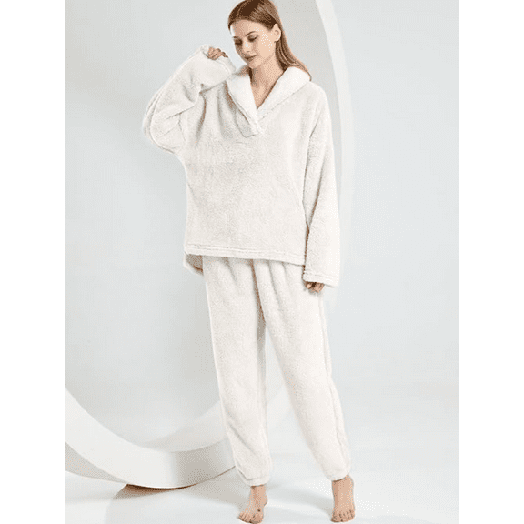 Women' s Fluffy Pajamas Set Fleece Pullover Pants Loose Plush Sleepwear 2 Piece Pjs Set Warm Loungewear Fuzzy