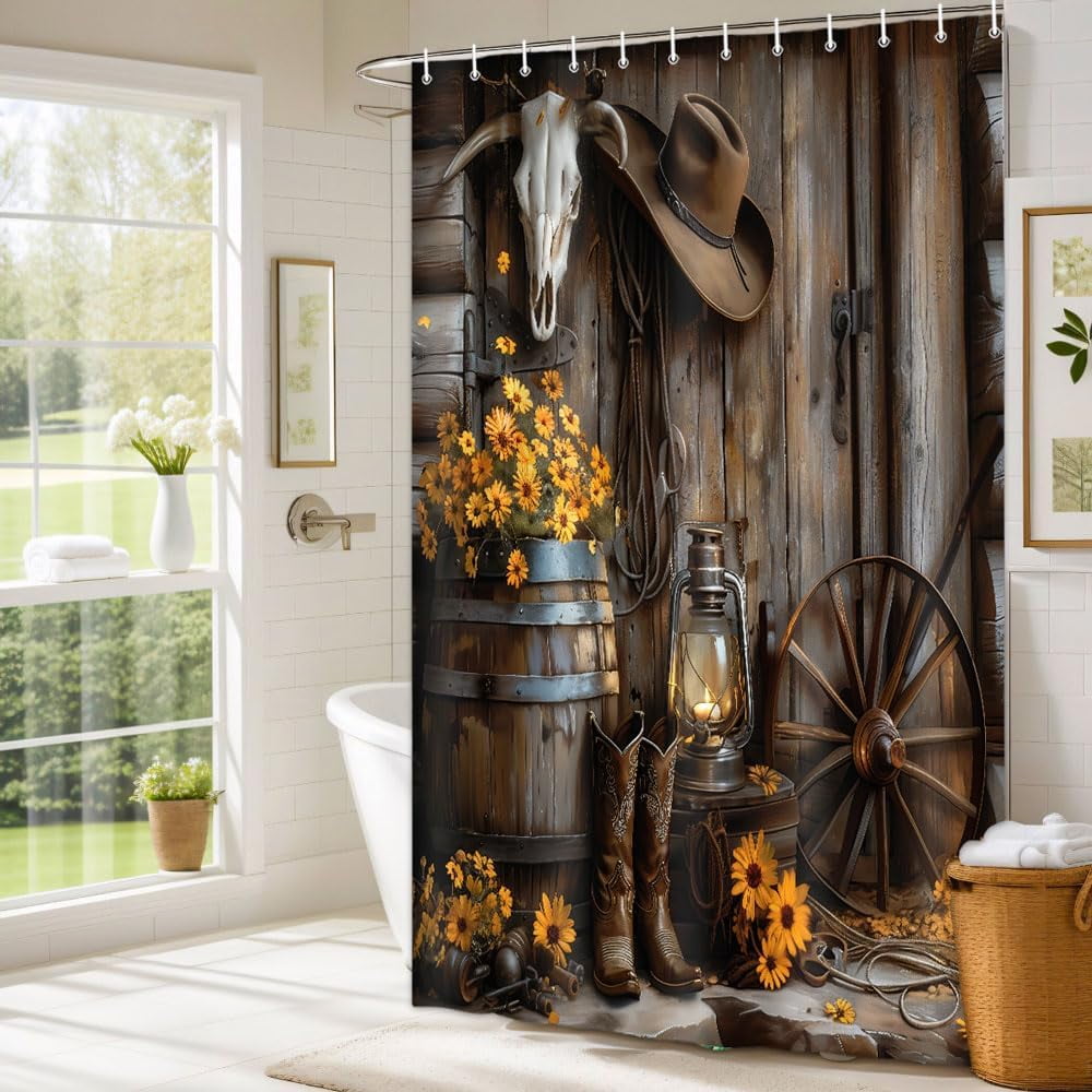 Western Cowboy Shower Curtain with Farmhouse Barn Door, Southwest Country Ranch Bath Curtain with Cowboy Boots Floral, Rustic Southwestern Theme Bathroom Decor Set with Hooks 70X75in