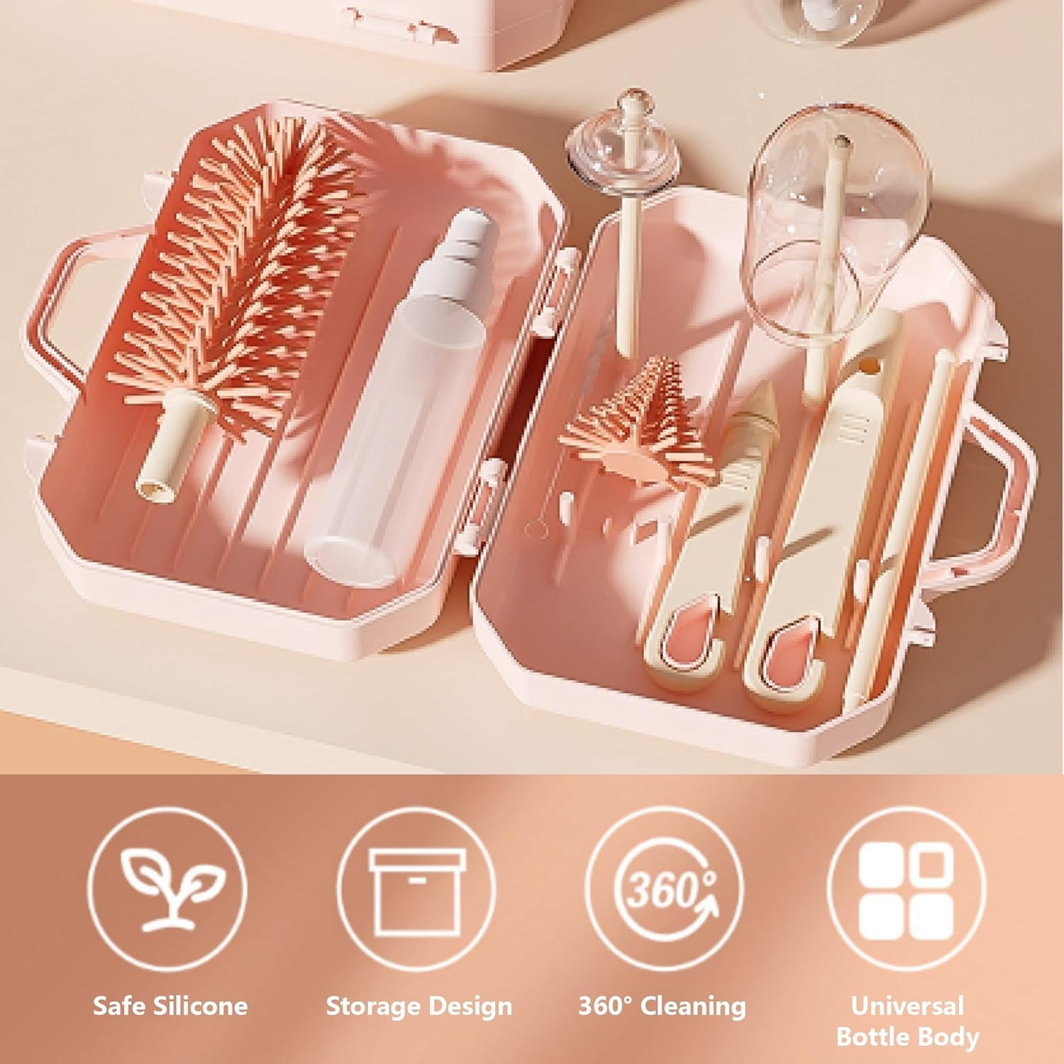 Travel Baby Bottle Cleaner Kit: 6 in 1 Extendable Silicone Baby Bottle Cleaner Brush Set with Drying Rack, Nipple Brush,Straw Brush,Soap Dispenser, Organizer Case, Baby Travel Essential (Pink)