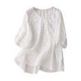 thumbnail image 4 of Women's Short Sleeve T-shirt Embroidered Tops For Women Floral Cotton Linen Tunic Tshirt Tee Women 3/4 Sleeve V Neck Button Boho Ethnic,White Women's Short sleeve T-shirt XL, 4 of 8