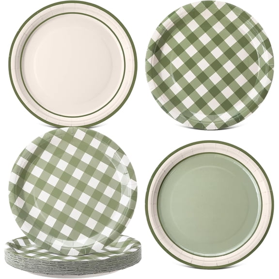 60 Pcs Sa Green Gingham Paper Dessert Plates 9 Inch Disposable Checkered Plaid Dinner Plates for Birthday Baby Shower Wedding Camping Themed Party Supplies, 4 Styles