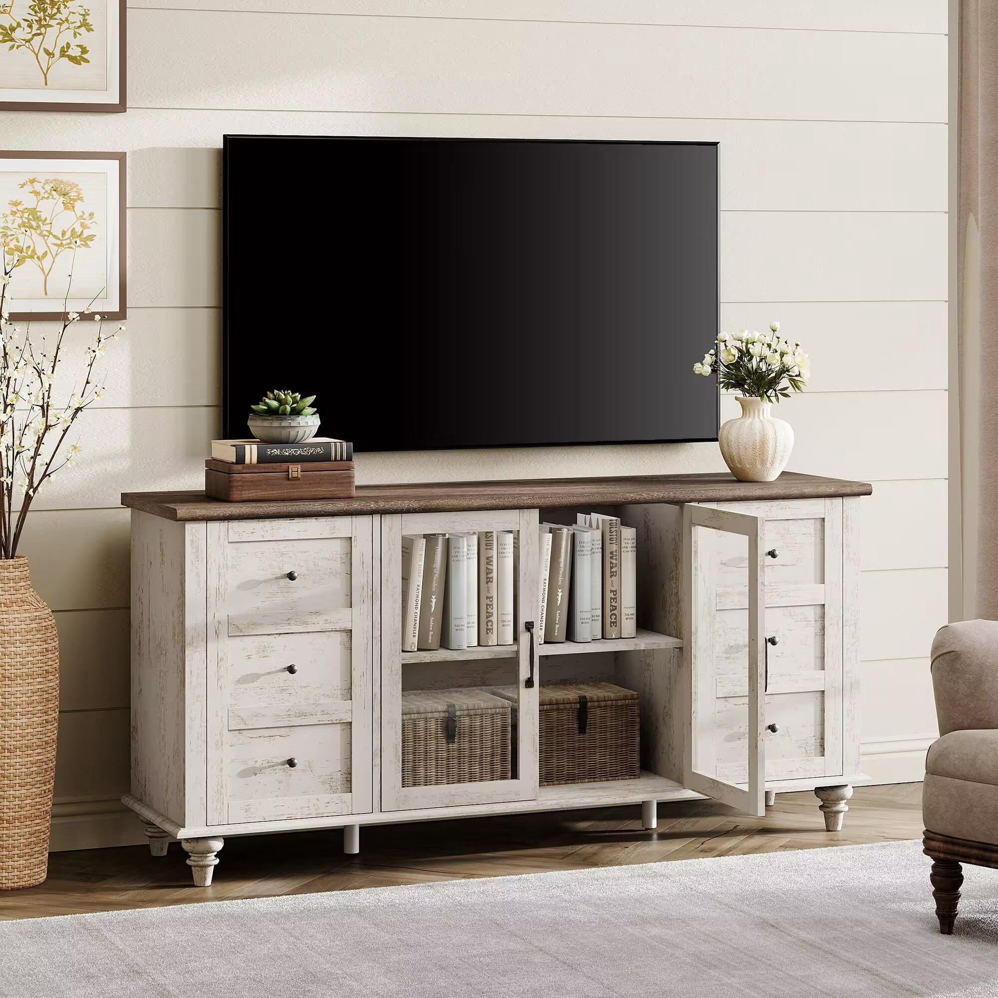 Antique White Glass Door TV Stand for TVs up to 65", Farmhouse Television Stands for Living Room