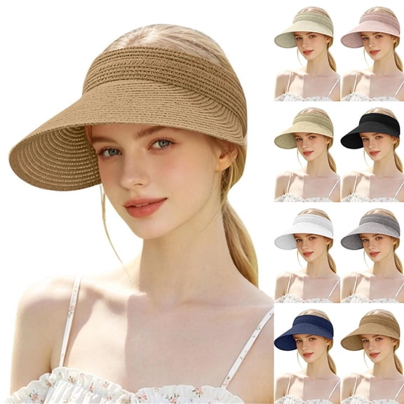 Cutuoiiu Women Solid Color Woven Straw Sun Visor Hat, Wide Curved Brim Open Top Ponytail Friendly Summer Beach Travel Sun Shade Hat