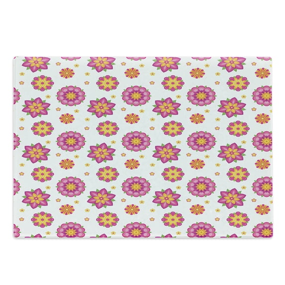 Orange and Pink Cutting Board, Ornamental Flowers with Blooming Petals Spring Season Theme, Decorative Tempered Glass Cutting and Serving Board, Large Size, Pale Pink Orange Yellow, by Ambesonne