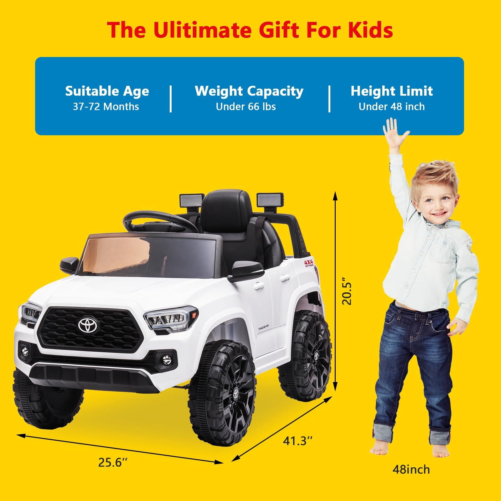 Sakiyr Licensed Toyota Tacoma 12V Kids Ride On Car, Kids Electric Vehicles with Parent Remote Control Spring Suspension Safety Belt, Soft Start, Led Headlight, Age for 37-72 Months
