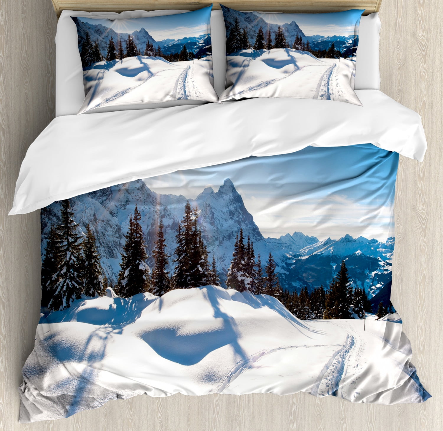 Winter Duvet Cover Set, Panoramic Winter Scenery on Snow Covered