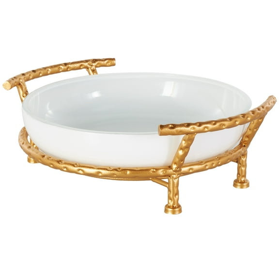 DecMode 15" x 5" White Tempered Glass Kitchen Serving Bowl with Gold Metal Stand, 1-Piece