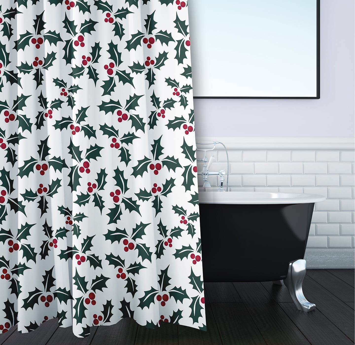 Simply Daisy 70" W x 73" L Holly Bush Polyester Shower Curtain, Christmas Green [1 Ct]