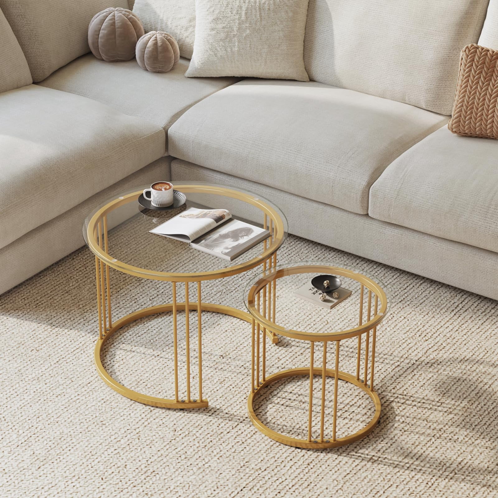 Nesting Coffee Table, 23.6" Round Coffee Table Set of 2, Glass Nesting Table with Metal Frame, Ceter Tables for Living Room Bedroom Balcony, Gold