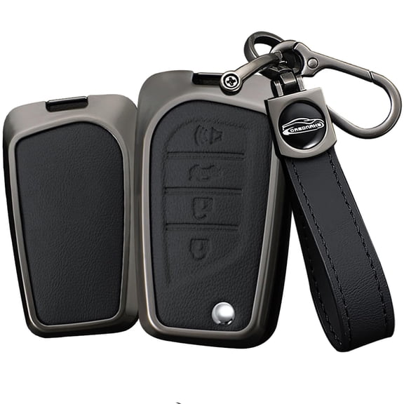 Leather Key Fob Cover with Keychain Metal Protection Key Case Fit for Toyota Fortuner Tundra Camry RAV4 Corolla Case Holder Protector Metal Keychain