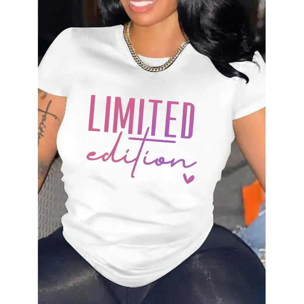 Women's "Limited Edition" Gradient Pink Graphic Tee - Casual Round Neck Short Sleeve, Comfortable Polyester Blend Summer Top