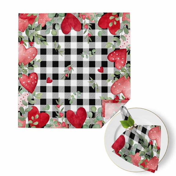 Valentine's Day Cloth Napkins Set of 1 Watercolor Red Pink Dots Love Heart Leaves Black White Plaid Soft Washable Square Dinner Napkins for Party Wedding Restaurant Hotel Cocktail 20x20 Inch